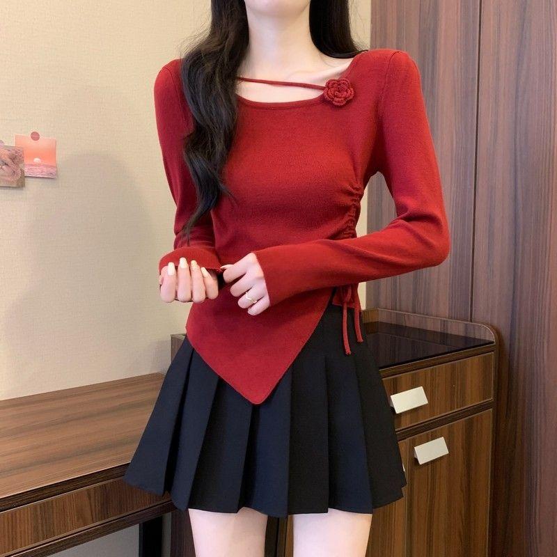 women floral applique ruched knit top square neck long sleeve form fitting casual solid color asymmetrical hem blouse