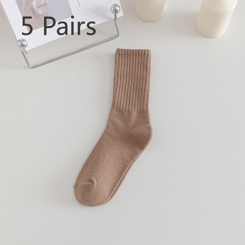 5 Pairs of Simple Solid Color Breathable Boneless Mid Calf Socks for Women In Spring and Summer