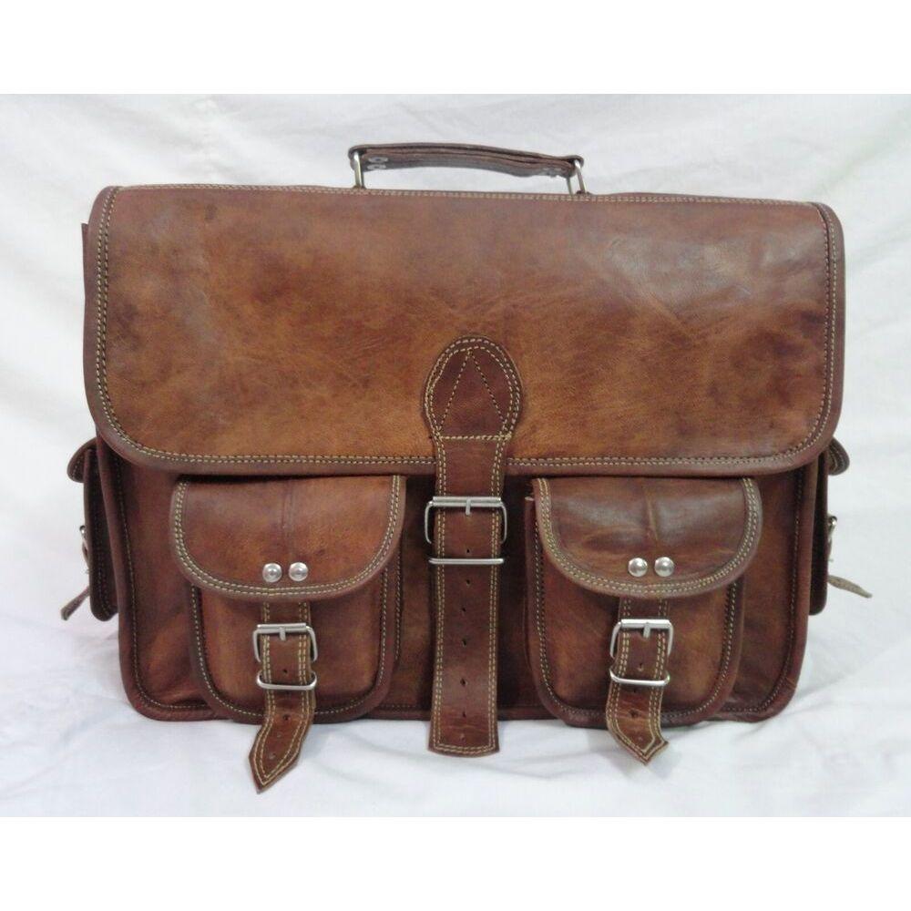 Goat Leather Briefcase Messenger Bag 15 In Laptop Satchel Office Shoulder Bags
