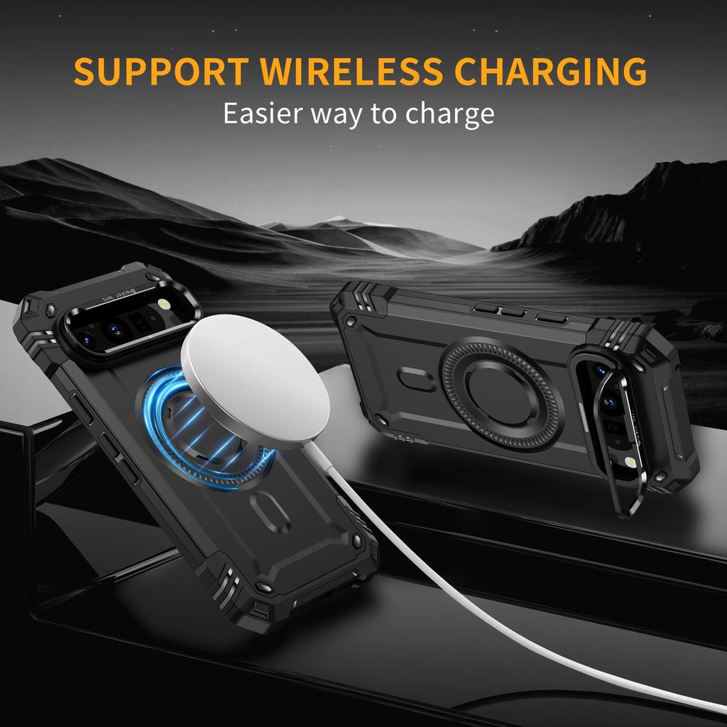 For Google Pixel 9/9 Pro Case Compatible with MagSafe Metal Lens Frame Kickstand PC+TPU Mobile Cover