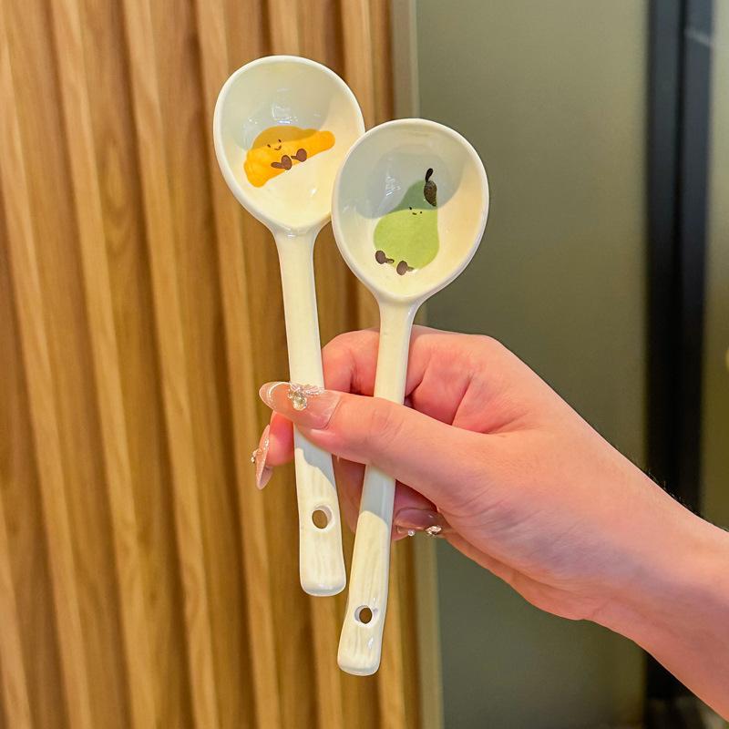 Kawaii Ceramic Soup Spoon Cute Korean Ice Cream Hand Painted Coffee Dessert Long Handle Spoon Kitchen Accessories