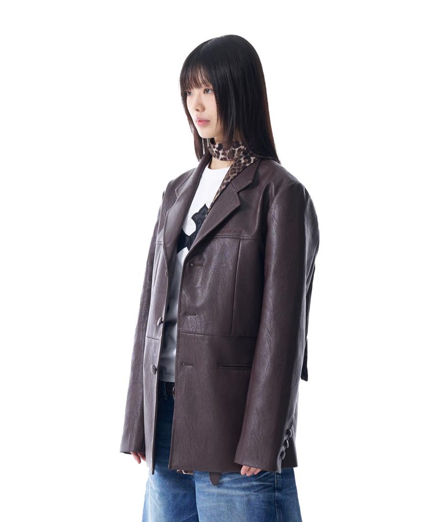 Aakam 3-Button Leather Blazer (Brown)
