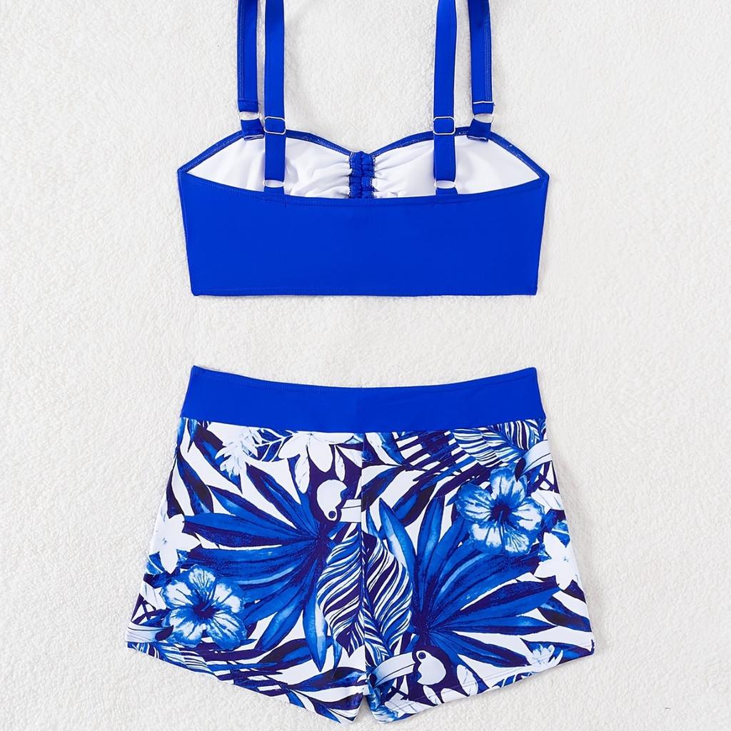 Bikini de Dos Piezas con Estampado de Bloques de Color de Moda con Cordón en el Pecho y la Cintura Moda Para Vacaciones