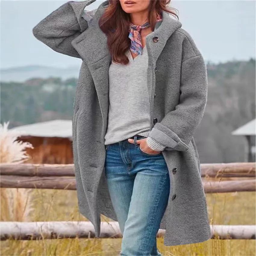 Damenmantel im amerikanischen Stil aus Wolle Windbreaker Herbst Winter Mode Oberbekleidung Polyesterfaser Kapuze Locker geschnittener Mantel