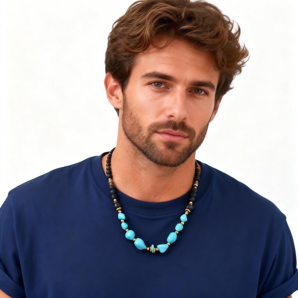 Vintage Turquoise Beaded Necklace for Men Boys,Ethnic Irregular Natural Stone Collars,Summer Bohemian Jewelry Gift