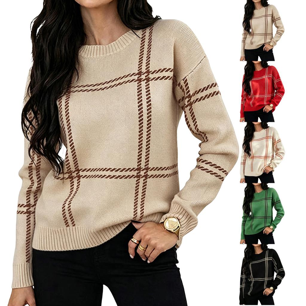 Women's Winter Plaid Color Block Pullover Sweater with Round Neck - Versatile Knit Top