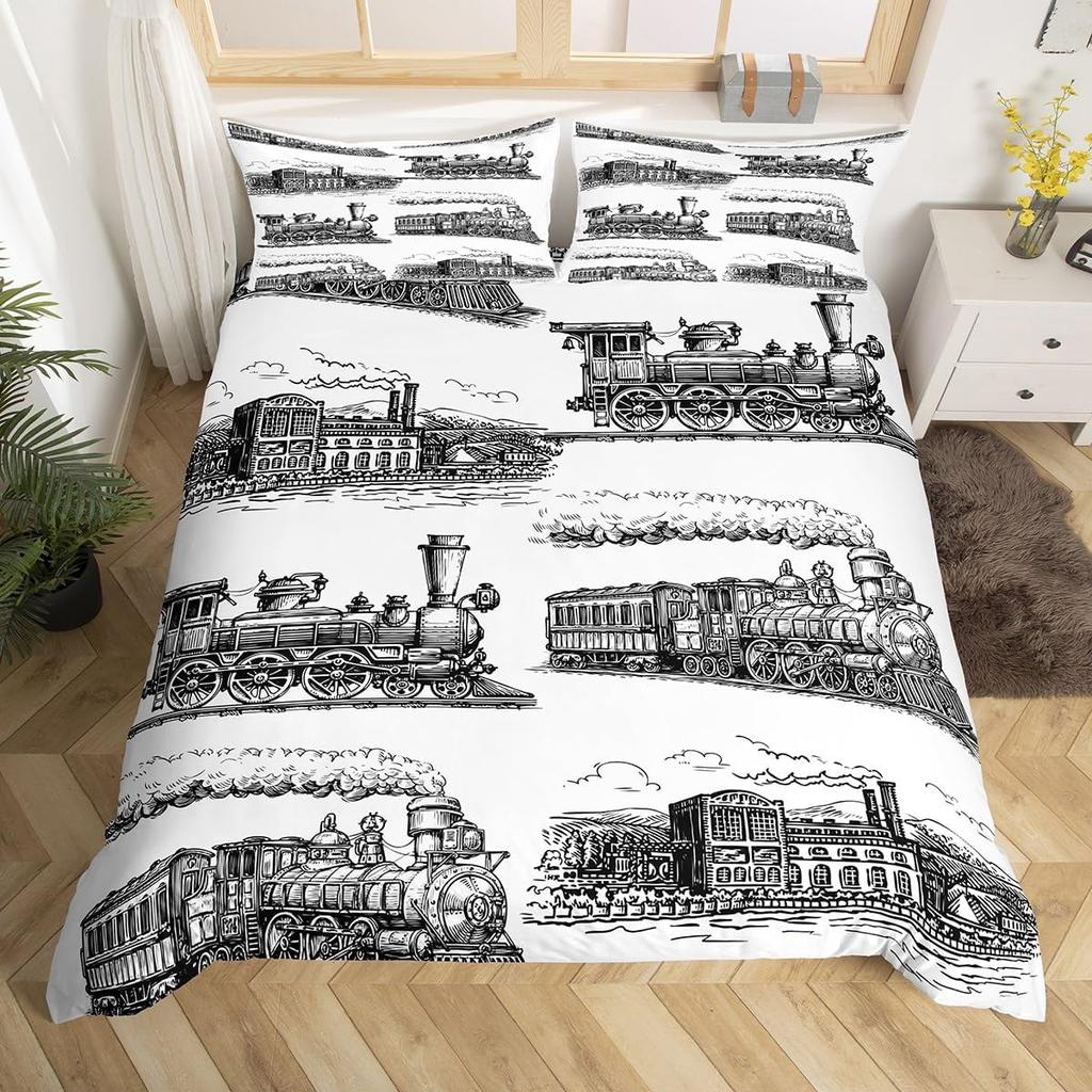 Retro Steam Train Bedding Set Industrial Style Duvet Cover Men'S And Boys' Cover Gifts Warm Soft Breathable And Comfortable