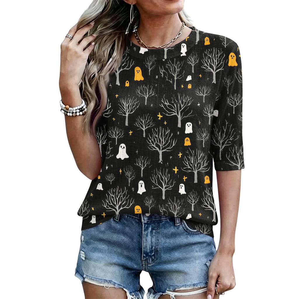 Women Loose Fit Casual Half Sleeve Top Round Neck Lightweight Pullover Blouse with Halloween Ghost Tree Print for Everyday Wear