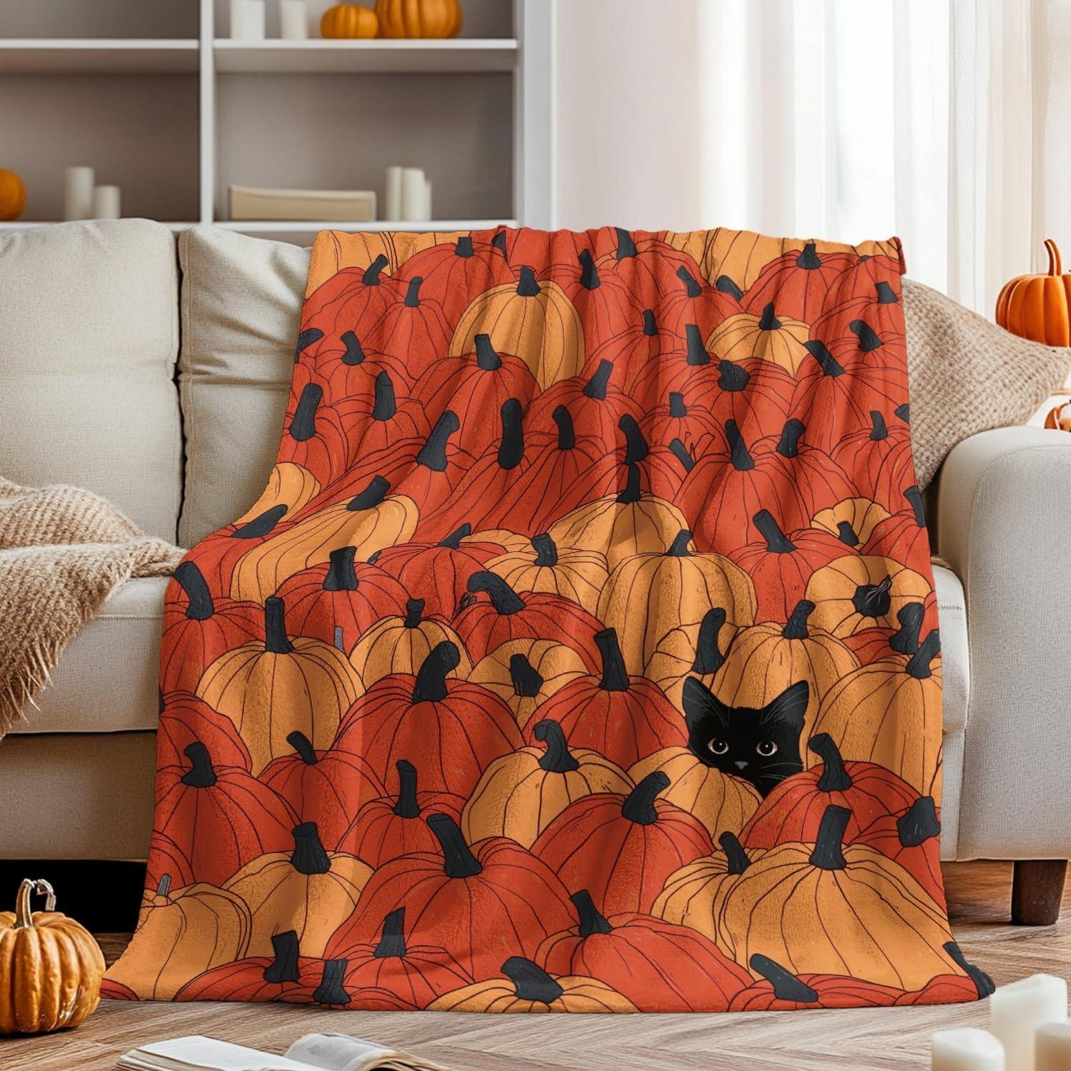 

1PC Halloween Theme Throw Pumpkin Black cats Thin Blanket Gifts for family friends Couch Bed Car Home Camping all season use 130x150cm