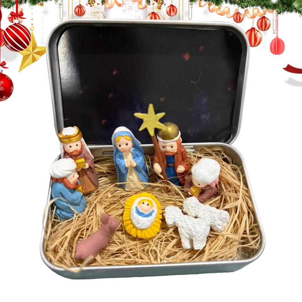 Nativity Set in Tin Box Mini 3D Small Religious Holy Figurines Holy Family Christmas Religious Decoration for Desk Shelf Office