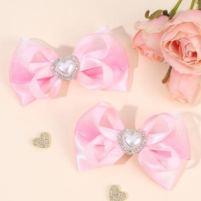 2Pcs Chiffon Bow Hair Accessory Sweet Pink Princess Barrette Kids Girl Simple Heart-shaped Rhinestone Bownot Hairpin Headwear