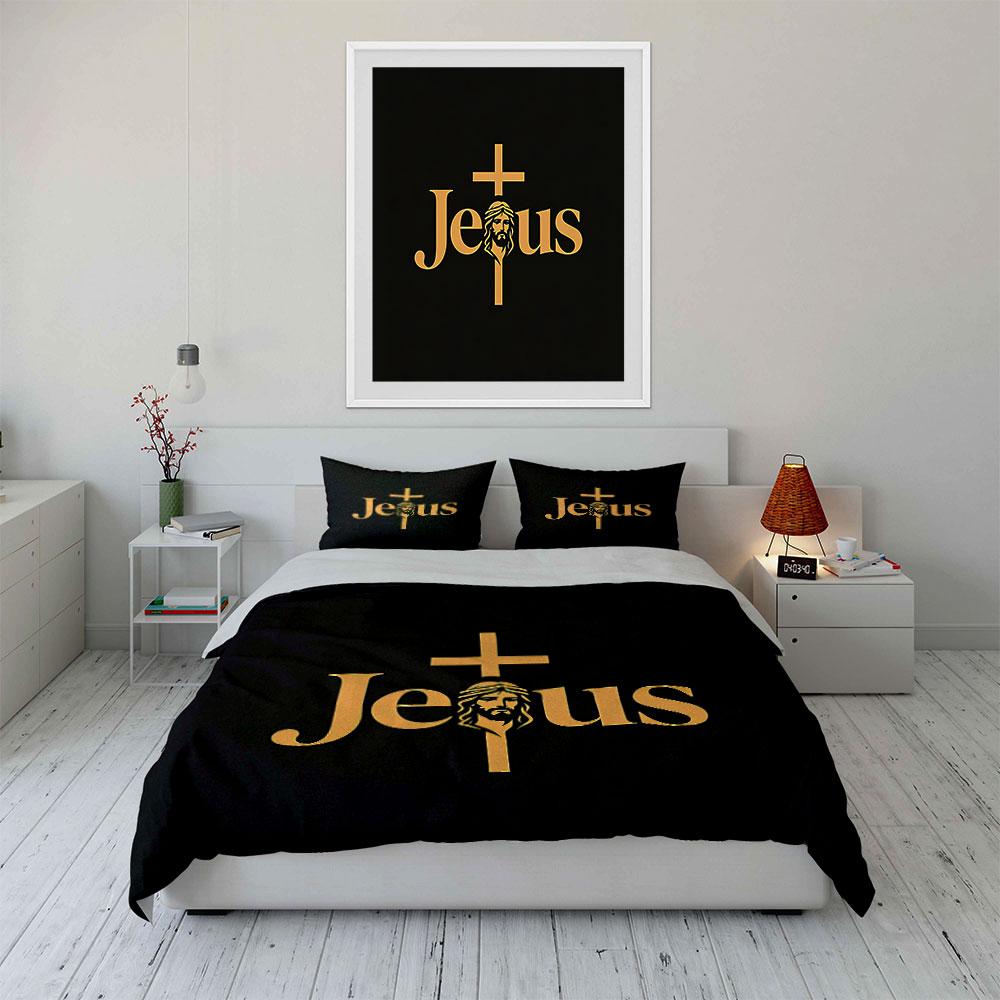 Jesus Cross with Gold Design Bedding Duvet Cover Set Duvet Cover Pillowcases (1*Duvet Cover 2*Pillowcases, without duvet insert)