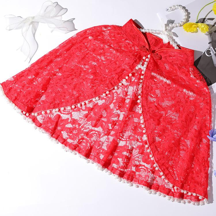 Chinese Mandarin Collar Floral Lace Cape Shrug Pearl Trim Short Bolero Wrap For Wedding Cheongsam Evening Prom Dress