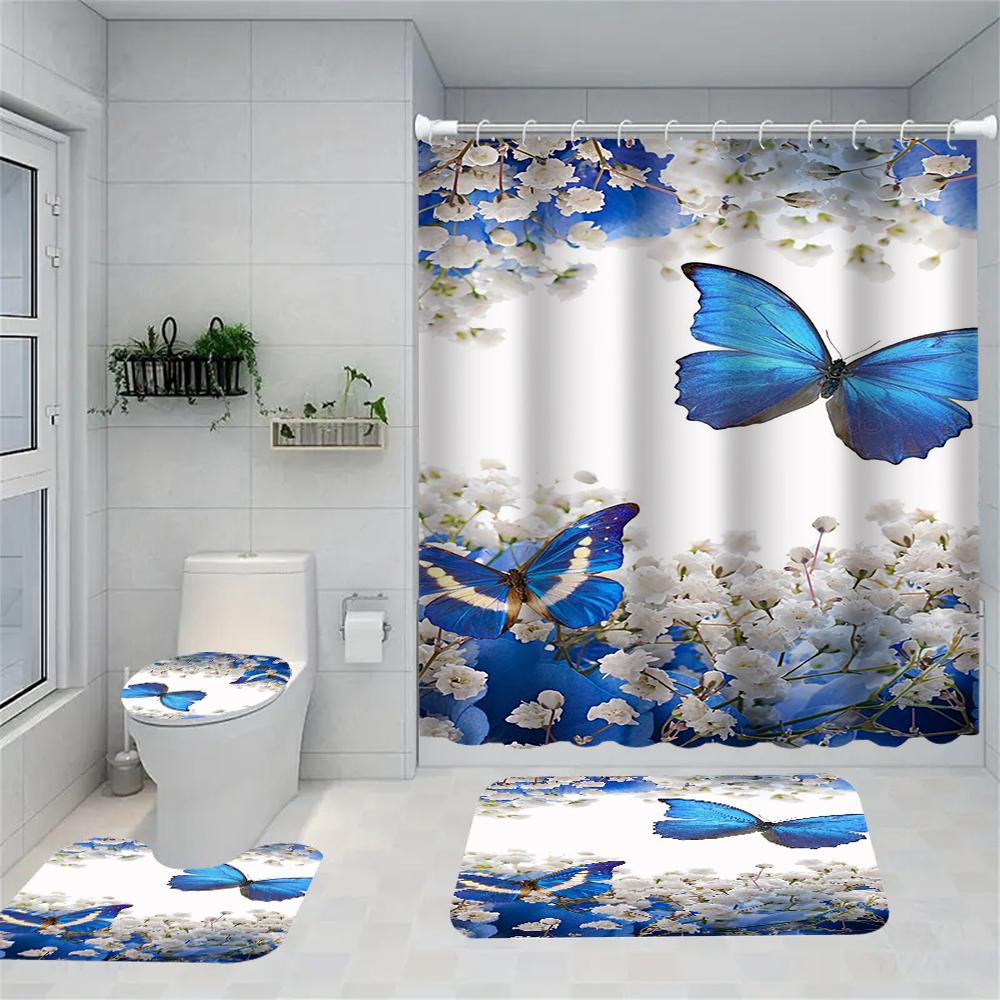 1/4 Flowers and Plants Print Shower Curtains, Toilet Seat Decoration, Shower Curtain with Carpet and Toilet Lid, 70.8x70.8 Inch