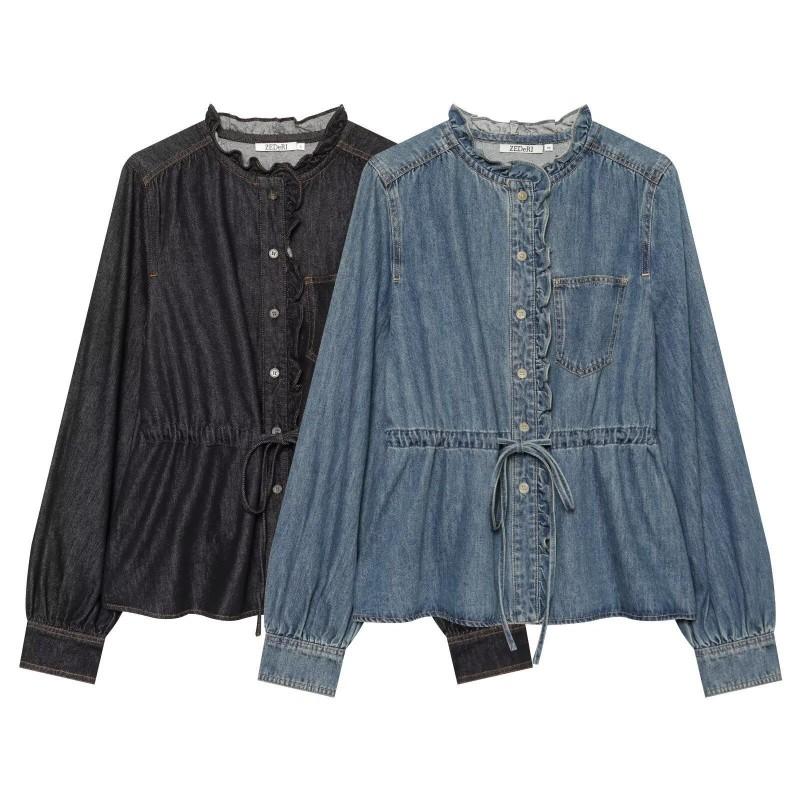 Ruffled Belt Denim Shirt Women 2026 Fall V Neck Long Sleeve Casual Top