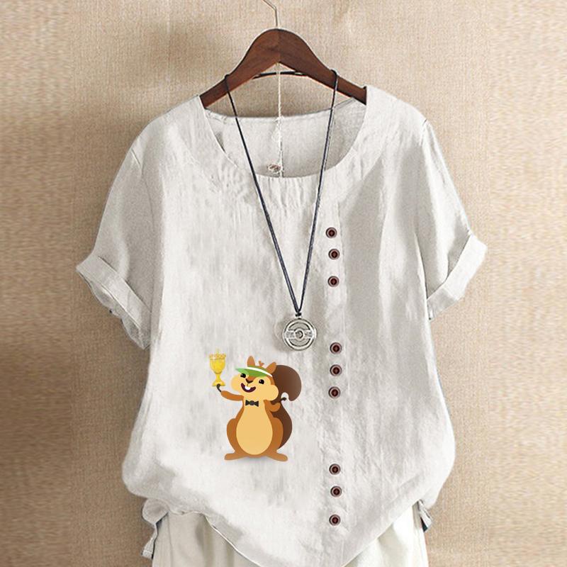 Women's Fashion Round Neck Short Sleeve T-shirt Casual Cotton Linen Graphic Shirt Leisure Loose Squirrel Prined Summer Blouse Tops