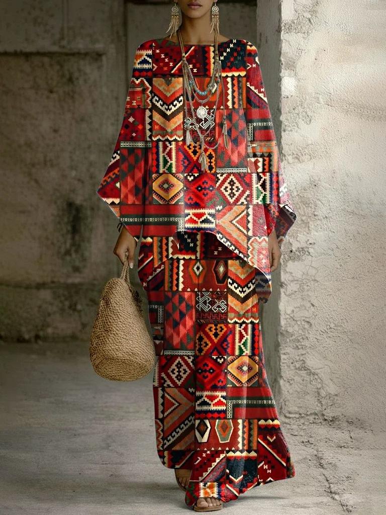 European and American retro bohemian suit exotic print loose top wide-leg pants temperament casual two-piece set