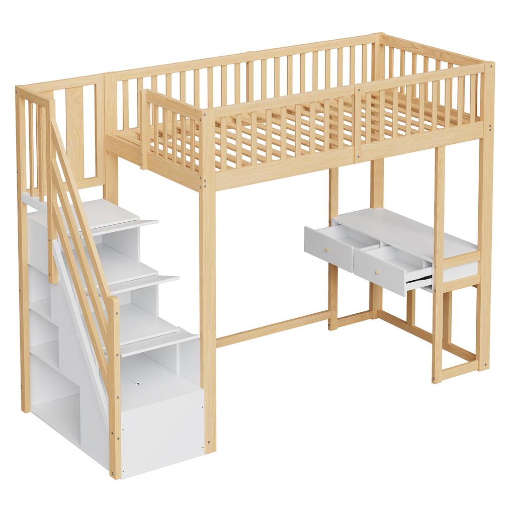 90x200 Loft Bed with Multifunctional Table, Safe Storage Staircase, Bed Frame Made of Solid Pine Wood for Children and Teenagers White