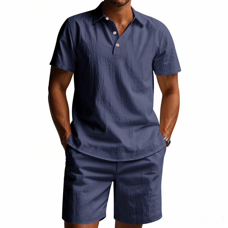 Men's Summer Sporty Cotton Linen Two-Piece Set: Breathable Short Sleeve Polo Shirt & Lapel Shorts