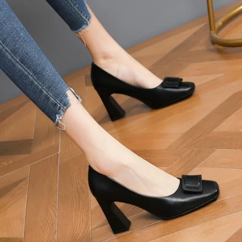Fashion Single Shoe Woman 2025 Summer New Thick Heeled Korean Square Toe Shallow Mouth Metal Buckle Fashion Trend High Heels Women Shoes
