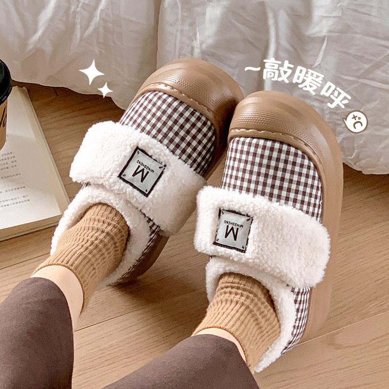 Winter new grid Velcro bag root warm thickened soft bottom slippers cotton mop