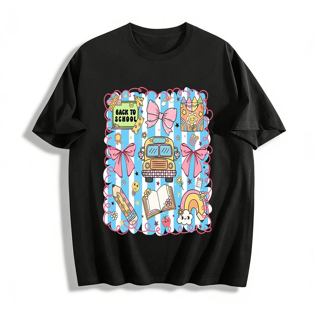 

Back To School Bow Bus Print Casual Tee For Kids Teens Pure cotton T-shirt XXS