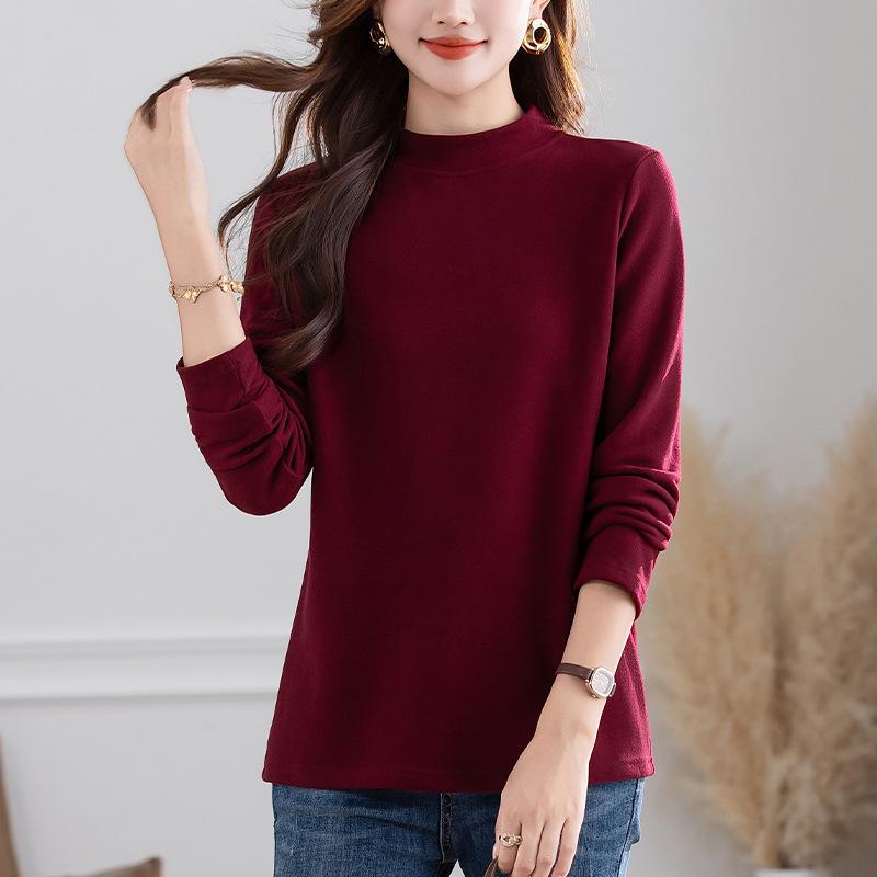 Samtiges Damen-Übergrößen-Herbst-T-Shirt mit halbhohem Kragen und langen Ärmeln