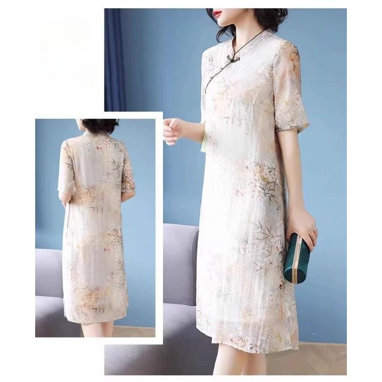 Luxury Silk Cheongsam Dress Chinese Style Modified for Women Short Sleeves Elegant Mother Dress Over Knee Length