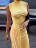 2025 Summer European & American Style Women's Ruched Ribbon Slit Dress - Slim Fit, Elegant Fashion