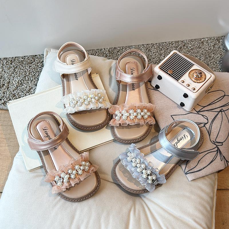Girls Sandals Lace Pleated Sweet Kids Princess Shoes for Summer 2025 New Fashion Girls Beach Shoes Hook&loop Elegant Pearl Ins