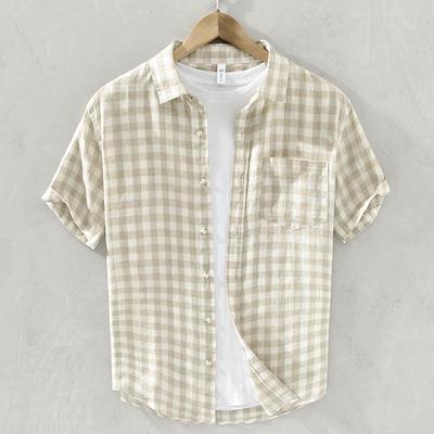 Men's Trendy Summer Plaid Linen Shirt - Short Sleeve, Loose, Lightweight, Casual Top (Style 702)