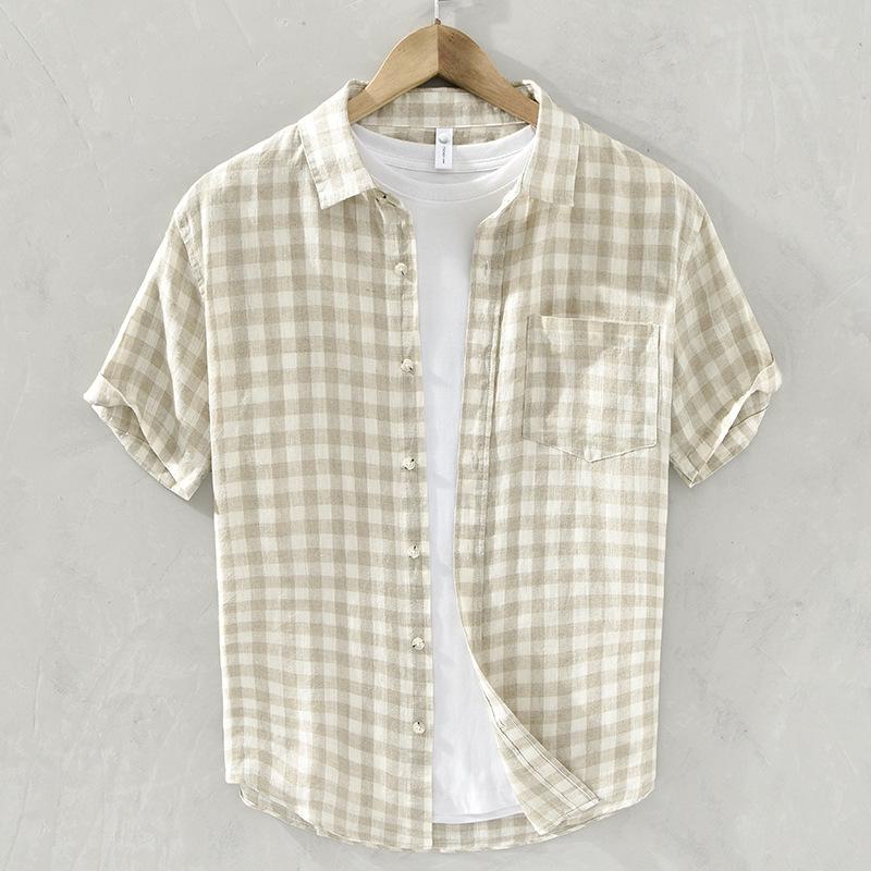 

Men s Trendy Summer Plaid Linen Shirt - Short Sleeve, Loose, Lightweight, Casual Top (Style 702) XL абрикосовый