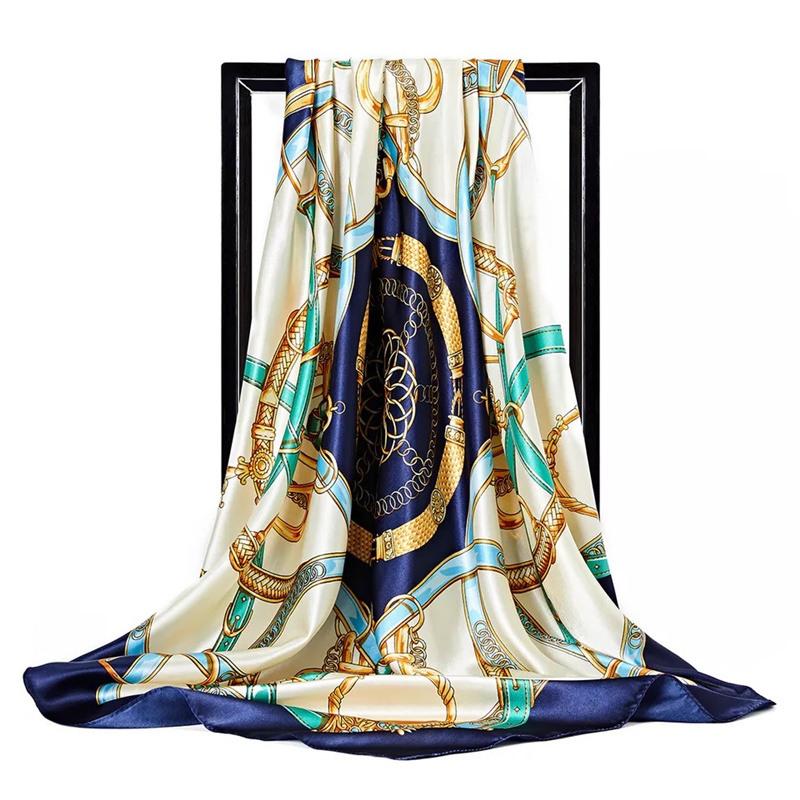 Scarves 90*90Cm Women Print Twil Hair Neck Square Silk Scarf Office Lady Shawl Bandana 90X90Cm Muslim Hijab Handkerchief Korean