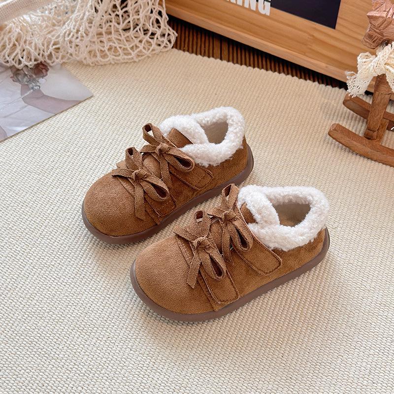 Korean Style Double Bow Furry Winter Shoes for Girls, Ages 1-6, Plus Velvet Cotton.