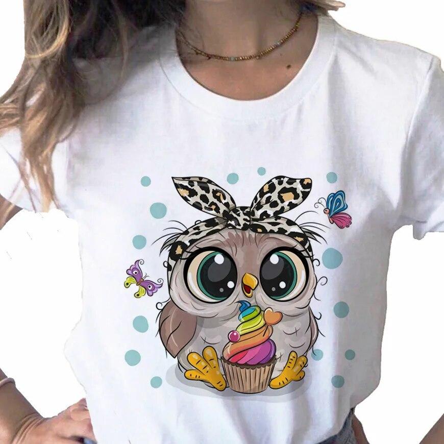 New Tops Trend Cute Owl Women Print Harajuku Ladies T-shirt Casual Basics O-collar Black White Shirt Short Sleeve Ladies T-shirt