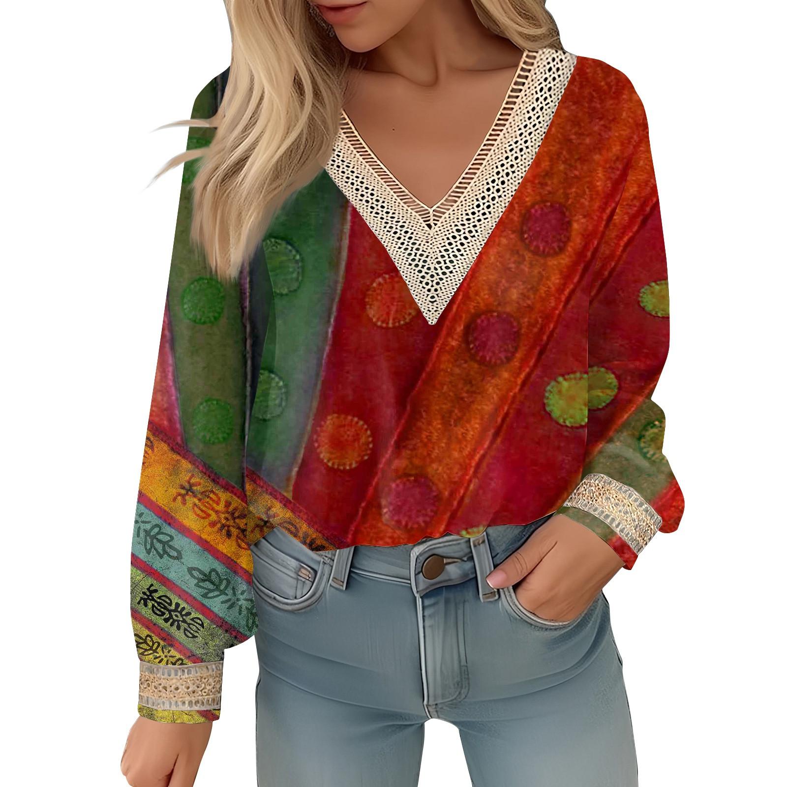 

Женские осенние принтованные топы, формальная повседневная кружевная рубашка с V-образным вырезом и длинным рукавом, модная свободная футболка стандартного кроя, рубашка-туника, кружевной топ XL