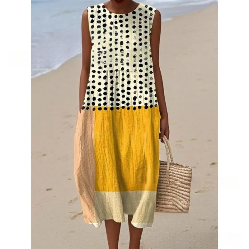 European and American New Summer Flower Ocean Printing European Size Round Neck Sleeveless Long Dress Creative Loose Dress