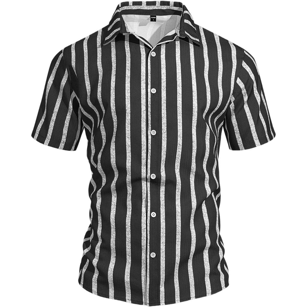 Men Short Sleeve Striped Button Down Shirt Casual Loose Fit Lightweight Breathable Collared Summer Top for Daily Wear
