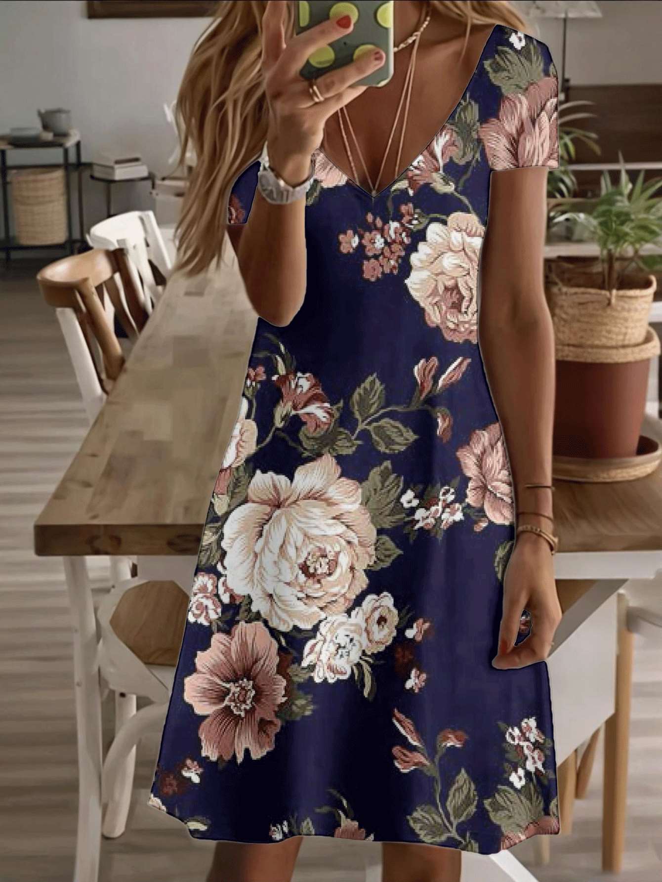 

Vneck shortsleeve midi dress vintage floral ladies dress rose blossom print pattern 3D highquality printing durable comfortable breathable soft fabric XL дубильная кора