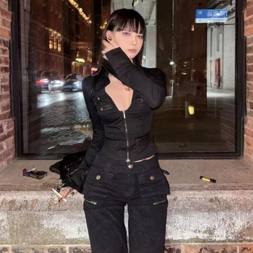 2KWEIRD Y2k Schwarz Sexy Shirts Damen V-Ausschnitt Kokett Harajuku American Vintage Reißverschluss Bluse Slim Gyaru Strickjacke Streetwear