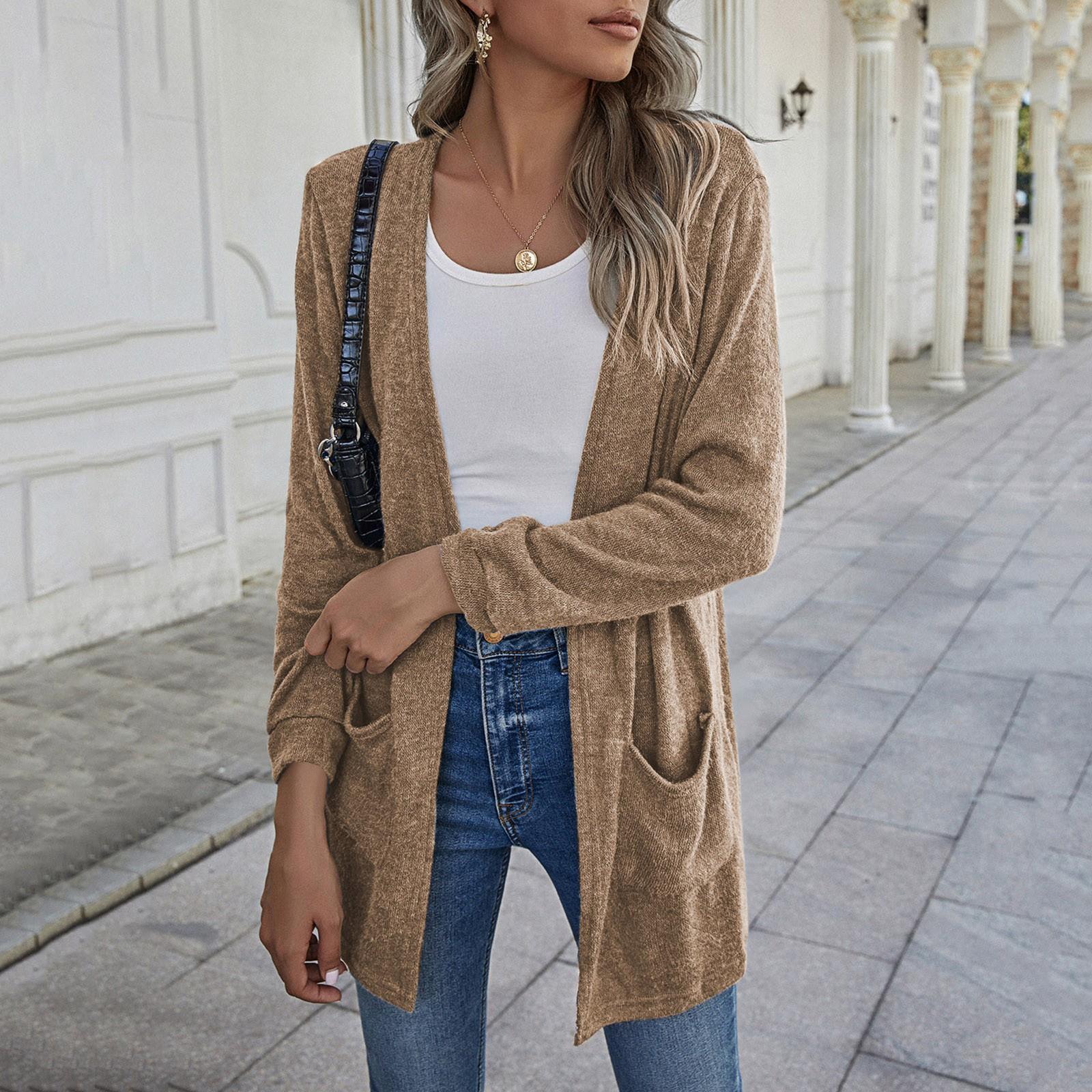 

Женский новый свободный повседневный тонкий кардиган, однотонная куртка с карманами и длинными рукавами XL хаки