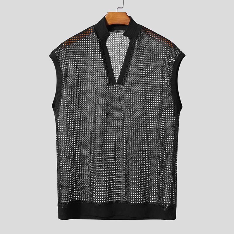 INCERUN Men V Neck Sleeveless Mesh See Through Hollow Webbing Tank Tops M чёрный