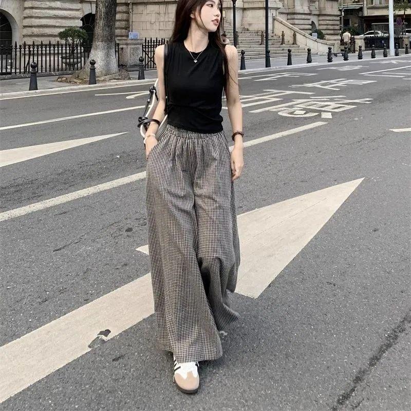 Retro Plaid High-Waisted Pants & Skirt Set – Women's Versatile Summer Two-Piece, Loose & Slimming Casual Outfit