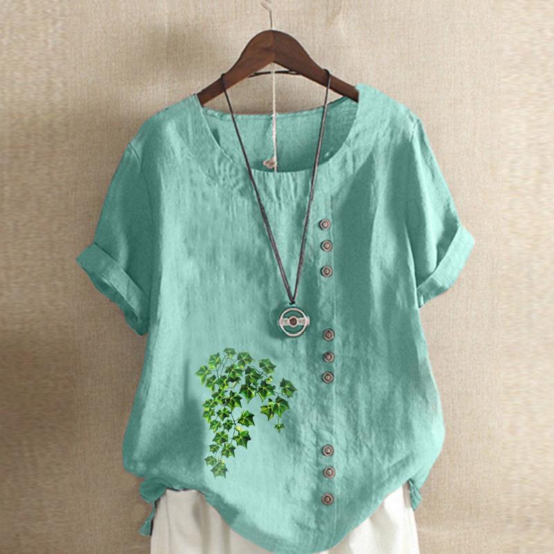 Women's Fashion Round Neck Short Sleeve T-shirt Casual Cotton Linen Graphic Shirt Leisure Loose Green Plants Prined Summer Blouse Tops