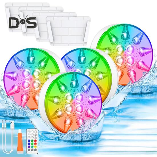 LED Pool Lights Set with Timer Function Remote Control IP68 Waterproof 16 Colors 3 Modes Rechargeable Underwater Pool Lights
