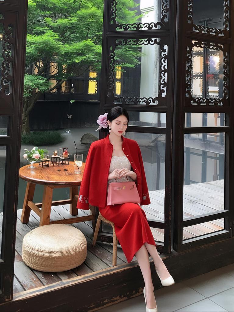 Winter 2026 Red High-End Double-Sided Wool Coat and Skirt Suit for Women, Chinese Style - NY033.