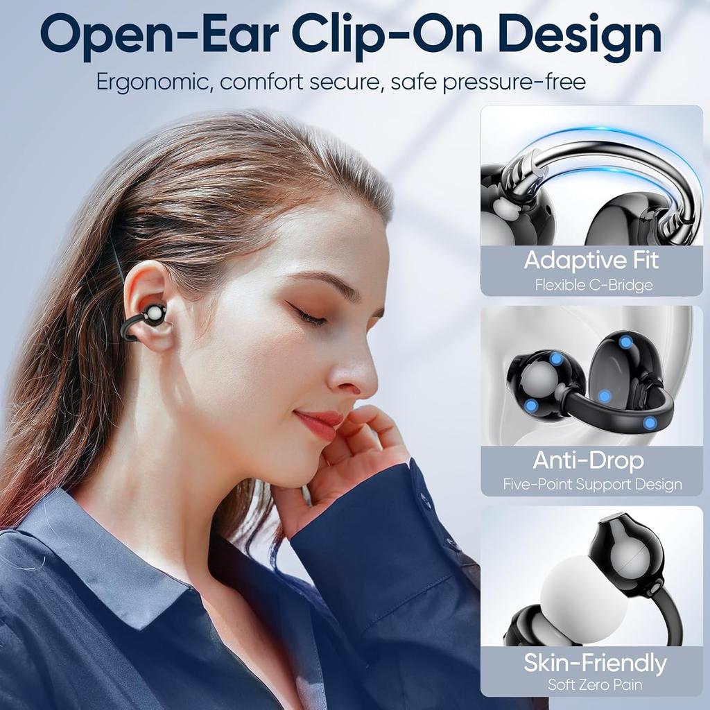AI Clip on Earbuds Wireless Bluetooth 5.4 Earphones, Open Ear Headphones with Mic, 40H Play, Waterproof Design, 4g Ultra-Lightweight Sports Ear Clip