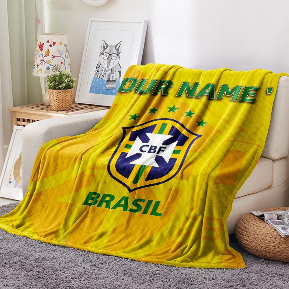 Custom Name Brazil Football Confederation Flannel Blanket, High quality Comfortable for All Seasons, Home Decor, Warmth and Comfort