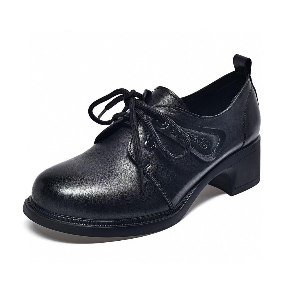 Round head small leather shoes women's autumn new mid-heel lace-up four-season small single shoes casual shoes