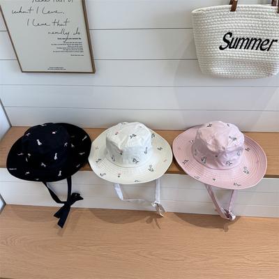 Cute Spotted Puppy Embroidery Strap Fisherman Hat Children's New Big Brim Outing Sunshade Sunscreen Basin Hat